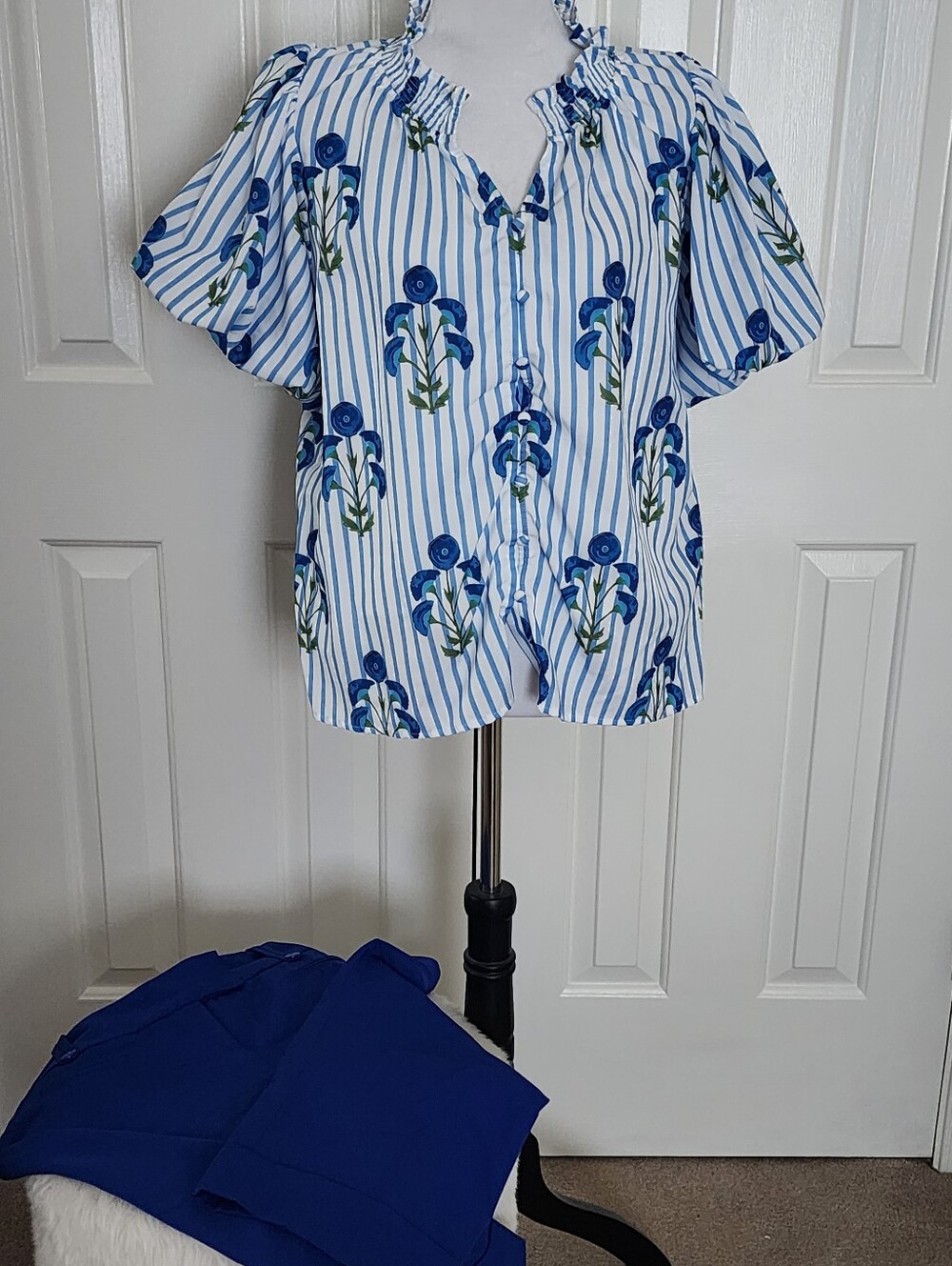 Blue Striped Floral Button-Front Women's Top with Ankle Cuffed Pants